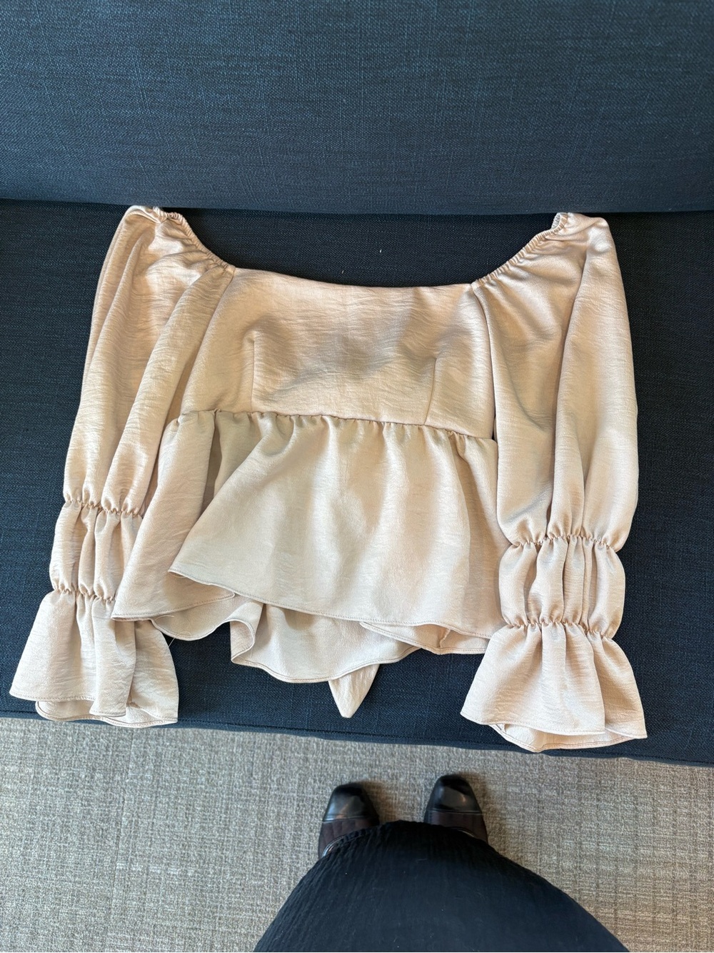 Off-Shoulder Cream Peplum Blouse with Smocked Sleeves